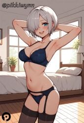 :d ai_generated angel_(kof) armpits arms_behind_head arms_up bangs bed bedroom black_thighhighs blue_bra blue_eyes blue_panties blush bra breasts cleavage collarbone cowboy_shot day female garter_belt grey_hair hair_over_one_eye indoors king_of_fighters large_breasts lingerie looking_at_viewer medium_breasts navel on_bed open_mouth panties pikkiwynn pillow plant potted_plant short_hair smile solo standing stomach thighhighs underwear underwear_only window wooden_floor