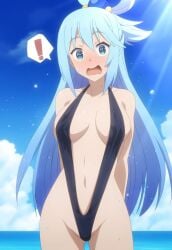 ! @_@ aqua_(konosuba) arms_behind_back bangs bare_shoulders beach bikini black_one-piece_swimsuit blue_eyes blue_hair blue_sky blush breasts clavicle cleavage clothing cloud day embarrassed female groin hair_between_eyes hair_ornament hair_rings kono_subarashii_sekai_ni_shukufuku_wo! large_breasts long_hair looking_at_viewer medium_breasts micro_bikini navel ocean one-piece_swimsuit open_mouth outdoors sephiaton955 shiny sky sling_swimsuit solo spoken_exclamation_mark standing straight_hair sunlight sweat swimsuit thighs very_long_hair water wavy_mouth