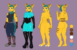 angela_cross_(ratchet_and_clank) anthro blue_eyes breasts clothing collar corset facial_piercing feline female fur harness leather lingerie lombax looking_at_viewer lumekat mammal model_sheet nipples nose_piercing nose_ring nude piercing ratchet_and_clank rubber video_games