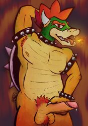 anthro armband armpit_hair balls bodily_fluids body_hair bowser bowser_day breath_powers claws cum elemental_manipulation fire fire_breathing fire_manipulation foreskin genital_fluids genitals glans hi_res horn humanoid_genitalia humanoid_penis koopa looking_at_viewer male mario_(series) monochromejones mouth muscular muscular_male nintendo penis presenting presenting_penis retracted_foreskin scalie solo teeth tongue tongue_out