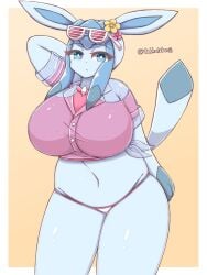 1girls 2024 anthro arm_behind_head big_breasts bikini_bottom blue_eyes eeveelution female female_only generation_4_pokemon glaceon hi_res huge_breasts looking_at_viewer nintendo pokemon pokemon_(species) skindentation solo sunglasses_on_head t-shirt takkatakanoji thick_thighs