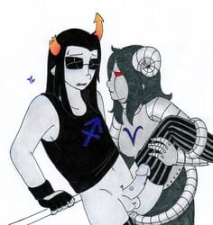 1boy 1girls anal aradia_megido aradiabot black_hair clothing equius_zahhak fingerless_gloves grey_hair grey_skin homestuck horns long_hair ms_paint_adventures pandemoniumincarnate penis pointy_ears precum red_eyes robot robot_girl sharp_teeth straight sunglasses tentacle tentacle_sex troll white_background