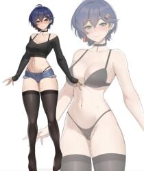 belle_(zenless_zone_zero) big_ass big_breasts big_butt black_bra black_panties blue_eyes blue_hair blush female female_only hair_ornament short_jeans solo solo_female stockings thick_ass thick_thighs zenless_zone_zero