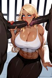 abs ai_generated big_penis black_penis blonde_hair blowjob blue_eyes blush cleavage cuck_pov dark-skinned_male eyebrows eyelashes fellatio giant_breasts gym_clothing handjob interracial large_breasts large_penis leggings light-skinned_female long_hair looking_at_another majorfluffy mature_female muscular_female novelai penis red_fingernails red_lips saliva saliva_rope saliva_string sitting tagme tank_top uncut