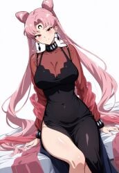 ai_generated big_breasts bishoujo_senshi_sailor_moon black_lady black_moon bun_hair chibi_usa clothing deko dress large_breasts pink_hair pink_hair_female white_background