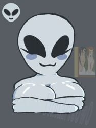 1girls alien alien_girl alien_humanoid american_mythology animan_studios artist_logo blush breasts breasts_out classic_alien cute discord_(app) discord_emoji emoji female_only grey_alien happy hiding hiding_breasts monster_girl mythology north_american_mythology public_domain roswell_grey urban_legend