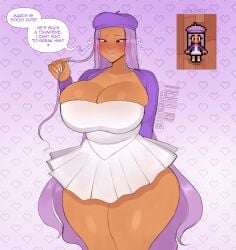 1girl 1girls absurd_res big_breasts big_hips big_thighs black_eyes blush breast_squish cinnabus cleavage clothing dark-skinned_female dark_skin dialogue dress english_text female female_only fields_of_mistria hat heart heart-shaped_pupils huge_breasts huge_thighs jacket long_hair oc original_character purple_hair purple_hat purple_jacket purple_lipstick reference_image skindentation smile solo speech_bubble straight_hair tan-skinned_female tan_skin thick_thighs very_long_hair white_dress wide_hips