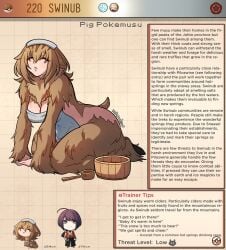 1boy 1girls artist_name breasts closed_eyes clothing duo english_text female fur generation_2_pokemon japanese_clothes kinkymation male monster_girl pokemon pokemon_(species) pokemon_gsc pokemusu pokephilia swinub text_box