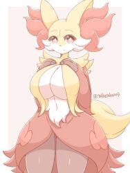 1girls 2021 anthro big_breasts delphox female female_only fur generation_6_pokemon hands_on_chest inner_sideboob light_blush looking_at_viewer nintendo pokemon pokemon_(species) red_eyes solo takkatakanoji