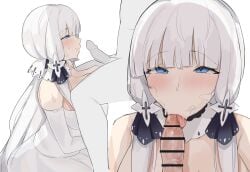 1boy 1girls 34ltiki_(l_tiki) azur_lane bar_censor blowjob blue_eyes blush censored clothed_female_nude_male fellatio illustrious_(azur_lane) light-skinned_female light-skinned_male light_skin penis royal_navy_(azur_lane) white_hair