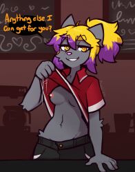 anthro ashley_(mewgle) barista breasts breasts_out cat_girl dialogue flashing flashing_breasts mewgle pierced_nipples piercing purple_hair text text_bubble uniform yellow_hair