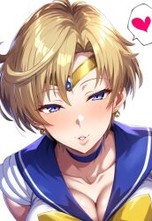 1girl 1girls 2024 2024s ai_generated bishoujo_senshi_sailor_moon blonde blonde_female blonde_hair blonde_hair_female blue_choker blue_eyes breasts choker clothing deko female female_focus female_only hair haruka_tenou heart_above_head huge_breasts large_breasts looking_at_viewer ready_to_kiss ready_to_kiss_viewer sailor_collar sailor_uniform sailor_uranus short_hair simple_background white_background