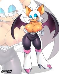 bat_wings breasts breasts_out flashing flashing_breasts furry high_heel_boots jarckius large_breasts pulling_down_top rouge_the_bat sonic_(series) tagme wings