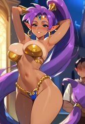 1boy 1girls 2d ai_generated bikini bracers golden_bikini hellblueboy4 long_hair night pointy_ears ponytail purple_hair shantae shantae_(character) tagme tan-skinned_female tiara very_long_hair