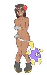 boots breasts brown_eyes childish_panties covering covering_breasts dark-skinned_female dark_brown_hair dark_hair dark_skin duo embarrassed embarrassed_naked_female embarrassed_nude_female embarrassing embarrassing_panties enf gloves headwear naked naked_female nude nude_female orangemint_4444 panties pokemon pokemon_trainer print_panties red_flower shuckle uc-four underwear white_panties