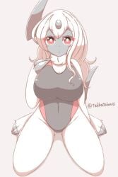 1girls 2021 absol anthro big_breasts female female_only generation_3_pokemon kneeling light_blush long_hair looking_at_viewer nintendo pokemon pokemon_(species) red_eyes solo swimsuit takkatakanoji white_hair