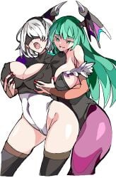 2girls big_breasts breast_grab breasts crossover darkstalkers enpe female female_only green_eyes green_hair head_wings huge_breasts large_breasts leotard long_hair morrigan_aensland multiple_girls nier nier:_automata nier_(series) short_hair succubus white_hair yorha_2b yuri