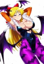 ai_generated big_breasts bishoujo_senshi_sailor_moon bow clothing cosplay darkstalkers deko hands_behind_head large_breasts minako_aino morrigan_aensland morrigan_aensland_(cosplay) sailor_venus tagme white_background