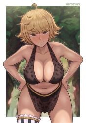 1girls bare_arms bare_legs bare_shoulders bare_thighs bent_over big_breasts blonde_hair blush breasts brown_eyes cleavage clothed clothing female female_only hi_res hiyozuki large_breasts leaning_forward light-skinned_female light_skin looking_at_viewer marguerite one_piece pelvic_curtain short_hair shounen_jump smile solo thick_thighs thighs