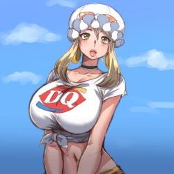 1girls amelia_(simmsy) blonde_hair blue_sky breasts cleavage dairy_queen earrings farmgirl female female_only full_lips hoop_earrings huge_breasts lips logo_on_clothes looking_at_viewer original original_character puffy_lips shirt simmsy solo speech_bubble text