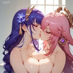 2girls ai_generated aist_ animal_ears artist_name bangs blue_hair blush braid breast_press breasts cleavage closed_eyes collarbone dated female/female genshin_impact hair_ornament kissing large_breasts lesbian_kiss lesbians lgbt_pride long_hair multiple_girls nude pink_hair raiden_shogun signature single_braid symmetrical_docking upper_body very_long_hair yae_miko yuri