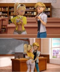 1boy 1girls 3d 3d_(artwork) adrien_agreste belt big_ass big_boobs big_breasts big_butt blonde_female blonde_hair blonde_hair_female blonde_hair_male blonde_male chloe_bourgeois cleavage clothed clothing covered_nipples desk edit eyeshadow female ferjuasi grabbing grabbing_ass green_eyes indoor indoors miraculous:_tales_of_ladybug_and_cat_noir miraculous_ladybug nipple_bulge no_nudity no_penetration no_sex rich_girl school schoolgirl sunglasses teddy_bear towel window