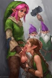 3boys1girl a_link_to_the_past ai ai_generated ballsack belt blowjob blue_eyes braided_ponytail brown_hair brown_pants dick dwarven_swordsmiths_(a_link_to_the_past) dwarves erect_penis erected_penis erection fellatio female fingerless_gloves genitals green_hat green_tunic hammer hylian hylian_ears link link_(a_link_to_the_past) males nintendo original_character penis pink_hair pointy_ears purple_hat quinzo11 self_upload the_legend_of_zelda the_legend_of_zelda:_a_link_to_the_past white_beard