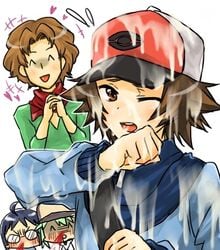 burgh_(pokemon) cheren_(pokemon) hilbert_(pokemon) male multiple_boys natural_harmonia_gropius pokemon pokemon_bw sexually_suggestive suggestive_fluid yaoi zeo_(artist)