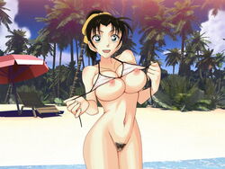 1girls artist_request beach big_breasts bikini black_hair blue_eyes breasts brown_hair curvy detective_conan female female_only green_eyes hair_ribbon huge_breasts human kazuha_toyama large_breasts looking_at_viewer navel nude pale-skinned_female pale_skin ponytail pubes pubic_hair pussy seaside short_hair smile solo thick_thighs tied_hair undressing wide_hips