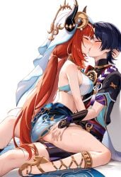 1boy 1girls ai_generated closed_eyes female french_kiss genshin_impact grabbing_hair grabbing_thighs hand_in_hair hand_on_thigh kissing light-skinned_female light_skin long_hair making_out male male/female nilou_(genshin_impact) red_hair scaramouche_(genshin_impact) sitting_on_lap straight sweat tongue_kiss