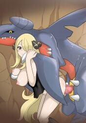 1boy 1boy1girl 1girls blonde_hair censored cynthia_(pokemon) fangs female_human female_human/male_pokemon from_behind from_behind_position garchomp generation_4_pokemon hair_over_one_eye human human_female interspecies long_hair male male_garchomp mosaic_censoring nintendo nivi open_mouth penis pokemon pokemon_(species) pokemon_dppt pokephilia sex sharp_teeth straight vaginal_penetration vaginal_penetration vaginal_sex yellow_eyes