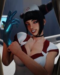 1girls 3d black_hair blunt_bangs breasts capcom cleavage female female_only headwear juri_han latex_gloves light-skinned_female light_skin nurse nurse_cap nurse_uniform one_glove parody rougenine sidelocks solo street_fighter street_fighter_6