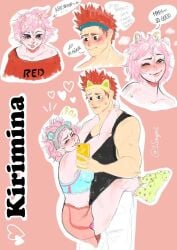 1boy 1girls bite_mark bite_marks blush cling clinging drool eijirou_kirishima english_text female heart heart-shaped_pupils kirishima_eijirou kiss_mark lipstick_mark lipstick_mark_on_face male male/female mina_ashido my_hero_academia phone pink_hair red_hair smartphone speech_bubble straight suggestive suggestive_fluid suggestive_look sweat wink