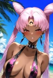 ai_generated beach big_breasts bishoujo_senshi_sailor_moon black_dress black_lady black_moon blush bun_hair chibi_usa deko glossy_lips lip_gloss looking_at_viewer medium_breasts pink_hair pink_hair_female sling_bikini slingshot_swimsuit swimsuit tan_skin