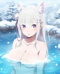 ai_generated emilia_(re:zero) purple_eyes re:zero_kara_hajimeru_isekai_seikatsu relaxing silver_hair white_hair