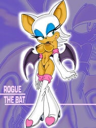 anthro bat bat_wings bikini boots breasts character_name crossed_legs exposed_torso eyeshadow female female_only footwear fur furry furry_ears gloves hair handwear large_breasts nipples non-human_areolae non-human_bra perky_breasts pointy_ears pussy rouge_the_bat sega smile solo sonic_(series) sonic_the_hedgehog_(series) standing straight_hair swimsuit uncensored white_fur white_hair wings