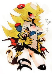 blonde_hair giratina humanized_pokemon kantarou_(8kan) moemon nintendo nipples personification pokemon pokemon_dppt skirt straight_hair tail wings