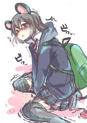 animal_ear ayase08 backpack bag blush contemporary eyewear glasses grey_hair highres masturbation mouse_ears nazrin peeing pun2 randoseru red_eyes school_uniform short_hair sitting sketch skirt thighhighs touhou vibrator wariza zettai_ryouiki