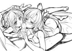 ass ass_cleavage bed blush boku_wa_tomodachi_ga_sukunai butt_crack censored collaborative_fellatio fellatio female hasegawa_kobato human matsuryuu monochrome multiple_fellatio oral panties penis sena_kashiwazaki sketch teamwork underwear