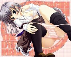 blue_eyes bottomless bra grey_hair lingerie panties school_uniform thighhighs underwear