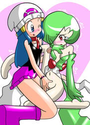 2girls blush boots dawn_(pokemon) female female_only fingering gardevoir human lesbian_sex multiple_girls pokemon pokemon_(species) pokemon_dppt pokemon_rgby pokemon_rse pokephilia pussy smile spread_legs spread_pussy straight_hair tears tongue_out wink yorunoko yuri