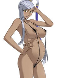 1girls breasts code_geass dark_skin female hand_on_hip hips invide large_breasts long_hair pregnant pubic_hair silver_hair sling_bikini solo standing swimsuit villetta_nu yellow_eyes