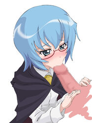 :&gt;= blouse blue_eyes blue_hair blush brooch cape censored clothing fellatio female glasses jewelry oral penis simple_background tabitha usami_usa_g zero_no_tsukaima zzz