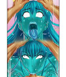 1boy 1girls :>= ahe_gao alpha-152 blank_eyes blue blue_hair blue_lips censored circle_max dancing_v dead_or_alive deepthroat fellatio female goo_girl hands_on_head human long_hair looking_at_viewer male male_pov monster_girl oral penis pov saliva shiny slime_girl straight tears white_eyes