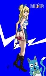 ass blonde_hair boots brown_eyes fairy_tail female happy_(fairy_tail) highres long_hair lucy_heartfilia skirt_lift smile whip