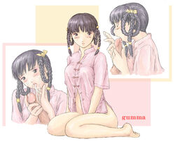 black_hair blush bottomless censored cum dead_or_alive fellatio female gumma human kisaragi_gunma lei_fang male oral pajamas straight twin_braids