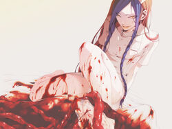 1boy affront_to_nature bare_legs bed bleeding blood blue_hair braid brown_hair crossdress crossdressing dyed_bangs evil_grin evil_smile femboy feminine_male gore guro high_resolution human intestines king_of_fighters lipstick long_hair looking_at_viewer makeup male male_focus male_only male_ryona multicolored_hair murder nurse nurse_uniform pale-skinned_male red_eyes shion_(kof) smirk snk solo thick_thighs trap twin_braids very_long_hair yoshii