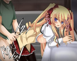 bent_over blonde_hair blue_eyes breasts censored cum cum_on_body cum_on_clothes cum_on_lower_body drill_hair miniskirt sex skirt tears thighhighs tied_hair twintails