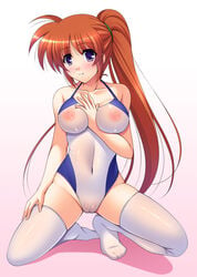 between_breasts blush breasts brown_hair hand_between_breasts lyrical_nanoha mahou_shoujo_lyrical_nanoha mahou_shoujo_lyrical_nanoha_strikers narutaki_shin navel one-piece_swimsuit ponytail purple_eyes see-through swimsuit takamachi_nanoha thighhighs tied_hair uncensored white_legwear white_thighhighs