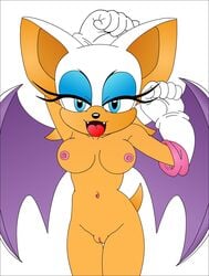 anthro bat_wings breasts female female_only front_view fur furry furry_ears gloves large_breasts looking_at_viewer nipples non-human_areolae nude open_mouth pointy_ears pussy rouge_the_bat sega smile solo sonic_(series) sonic_the_hedgehog_(series) standing straight_hair tail tan_skin uncensored white_fur wings